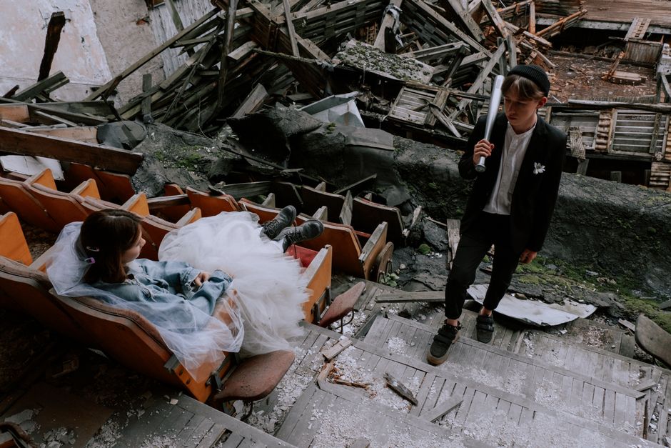 Cinematic wedding couple embracing